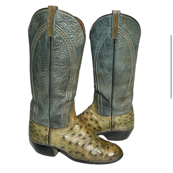 Lucchese Ostrich Leather Two Tone Green Western Cowgirl Boots Women’s Size 7 B - Picture 3 of 14